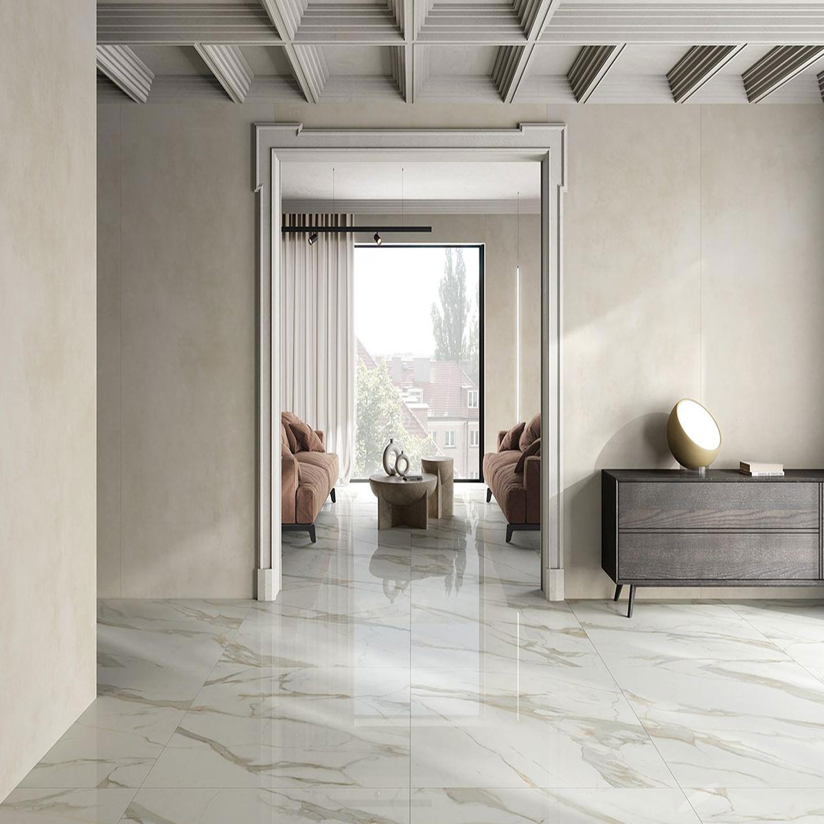 Interior con pavimento Calacata Gold Pulido 120x120