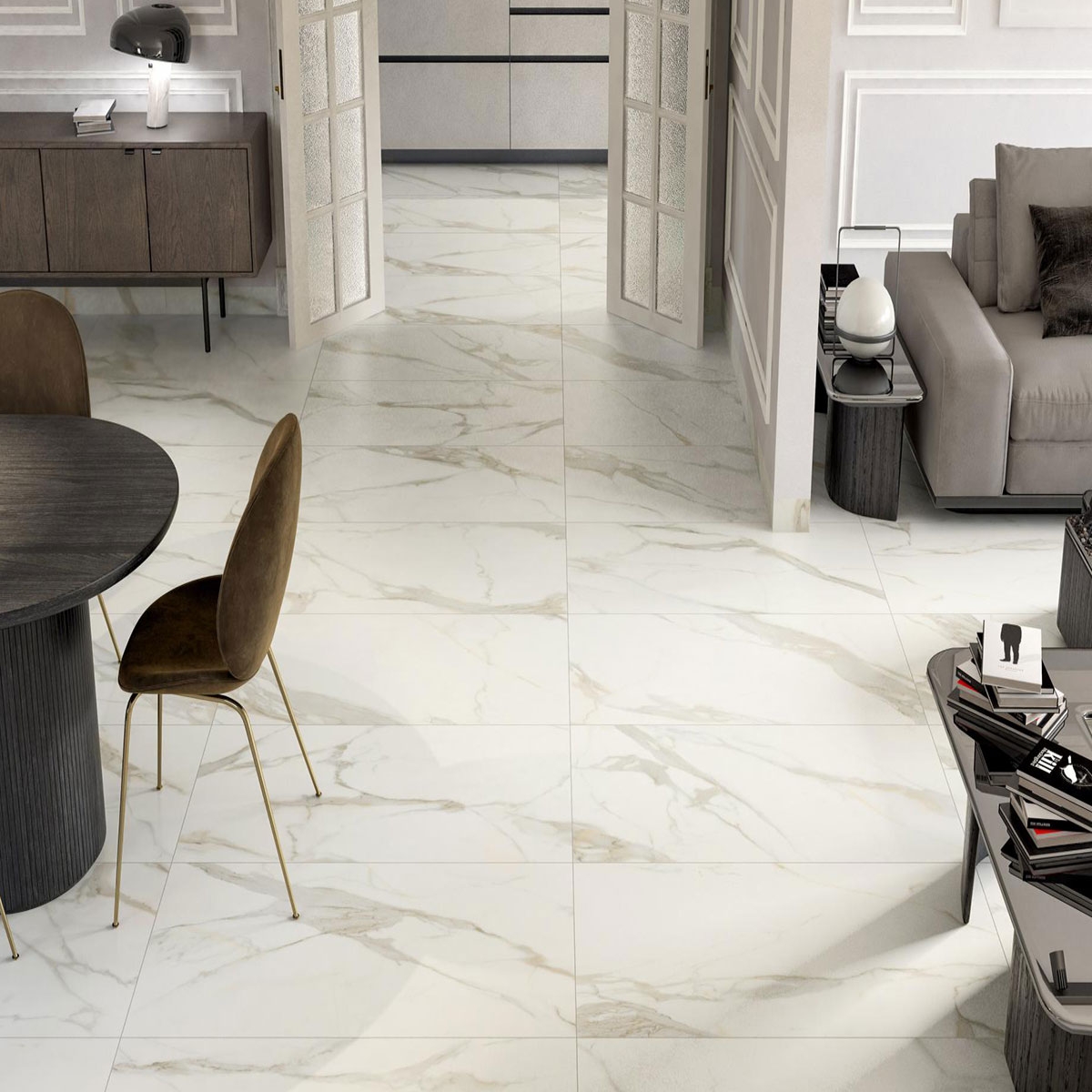 Interior con pavimento Calacata Gold Satinado 60x120