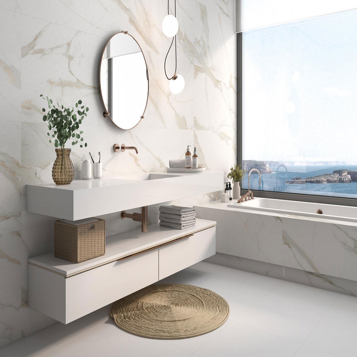 Baño con revestimiento Calacata Gold Relieve 60x120