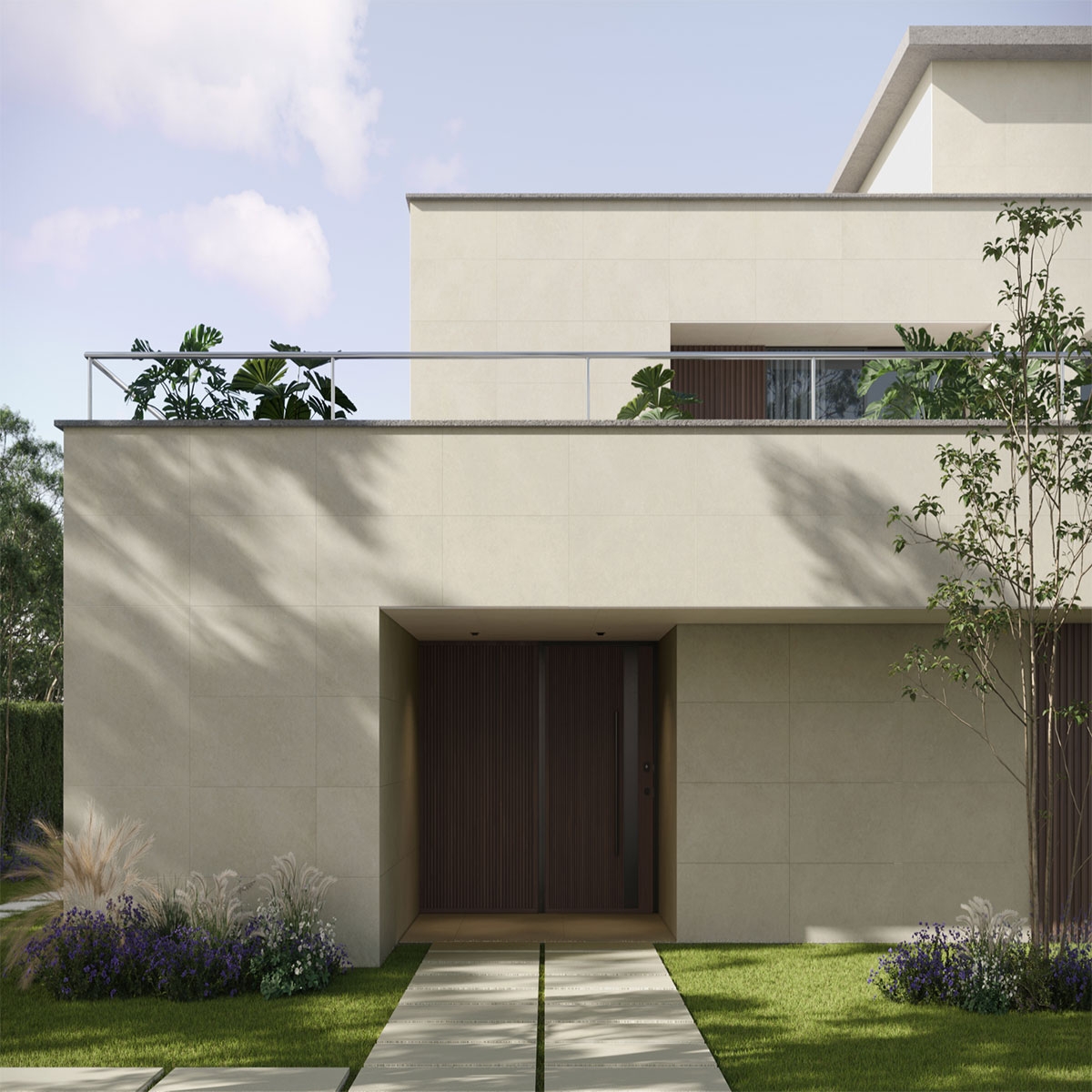 Exterior con revestimiento Khala Cream 60x120