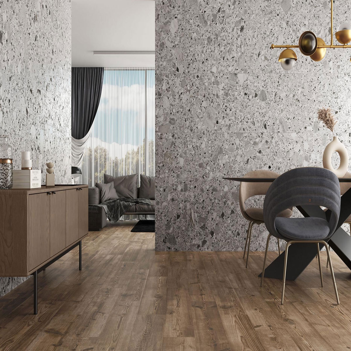 Interior con pavimento Pine Wood Moka 20x120 (Caja 1.68m2)