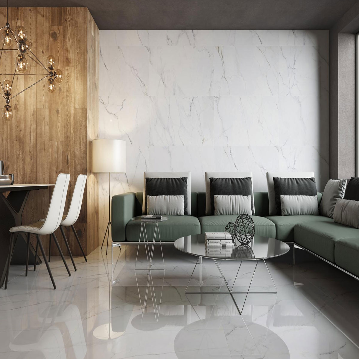 Sala com revestimento Moka Madeira de Pinho 20x120 (Box 1.68m2)