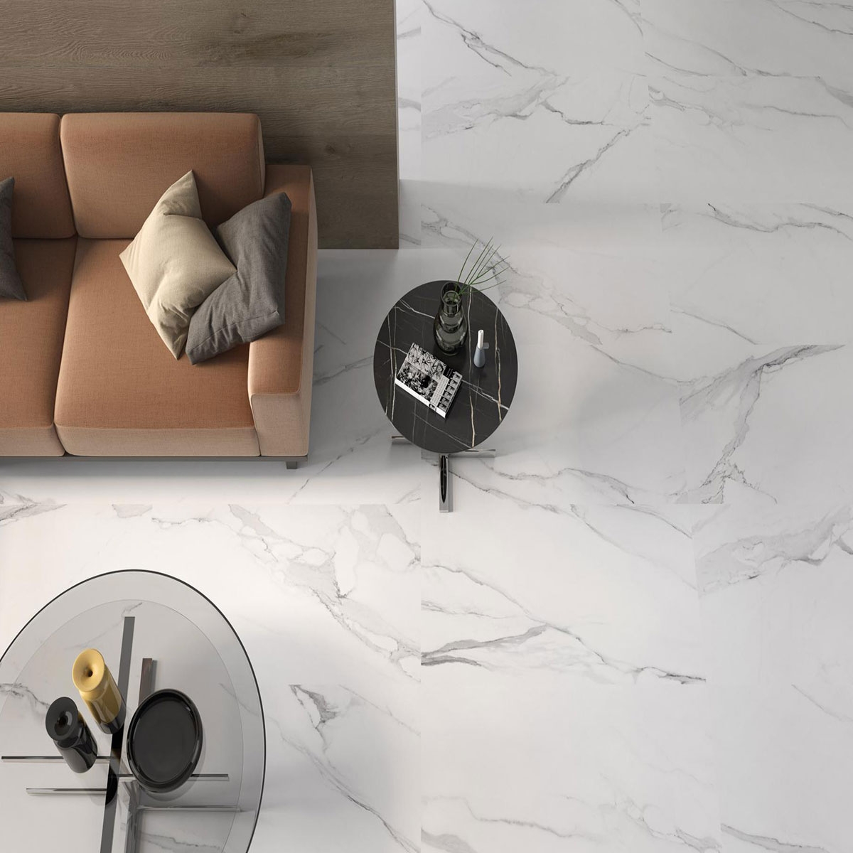 Living room with Calacata White Polished floor 60x120