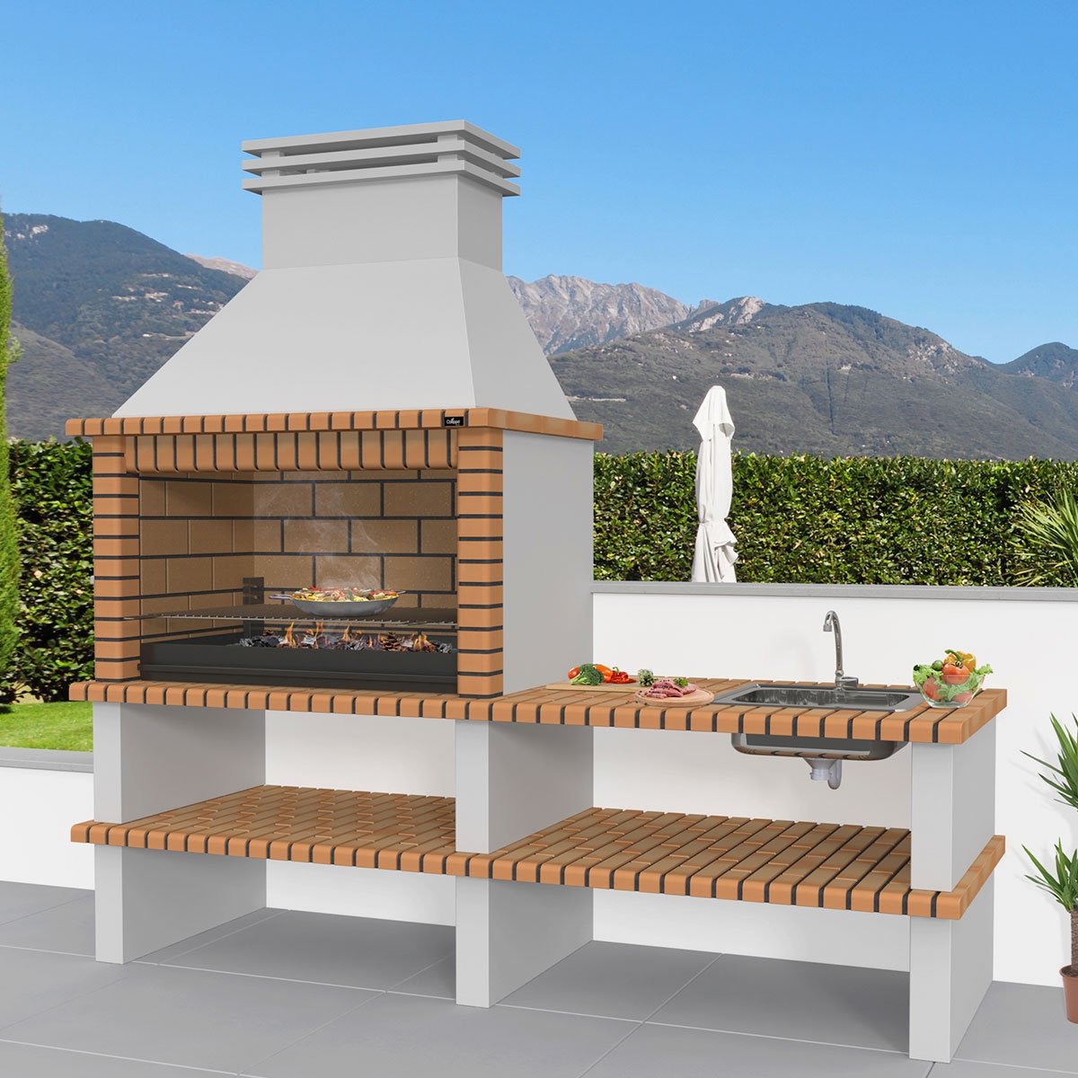 Zimmer mit Grill mit Arbeitsplatte, Spüle und Nisa-Wasserhahn gelb-braun