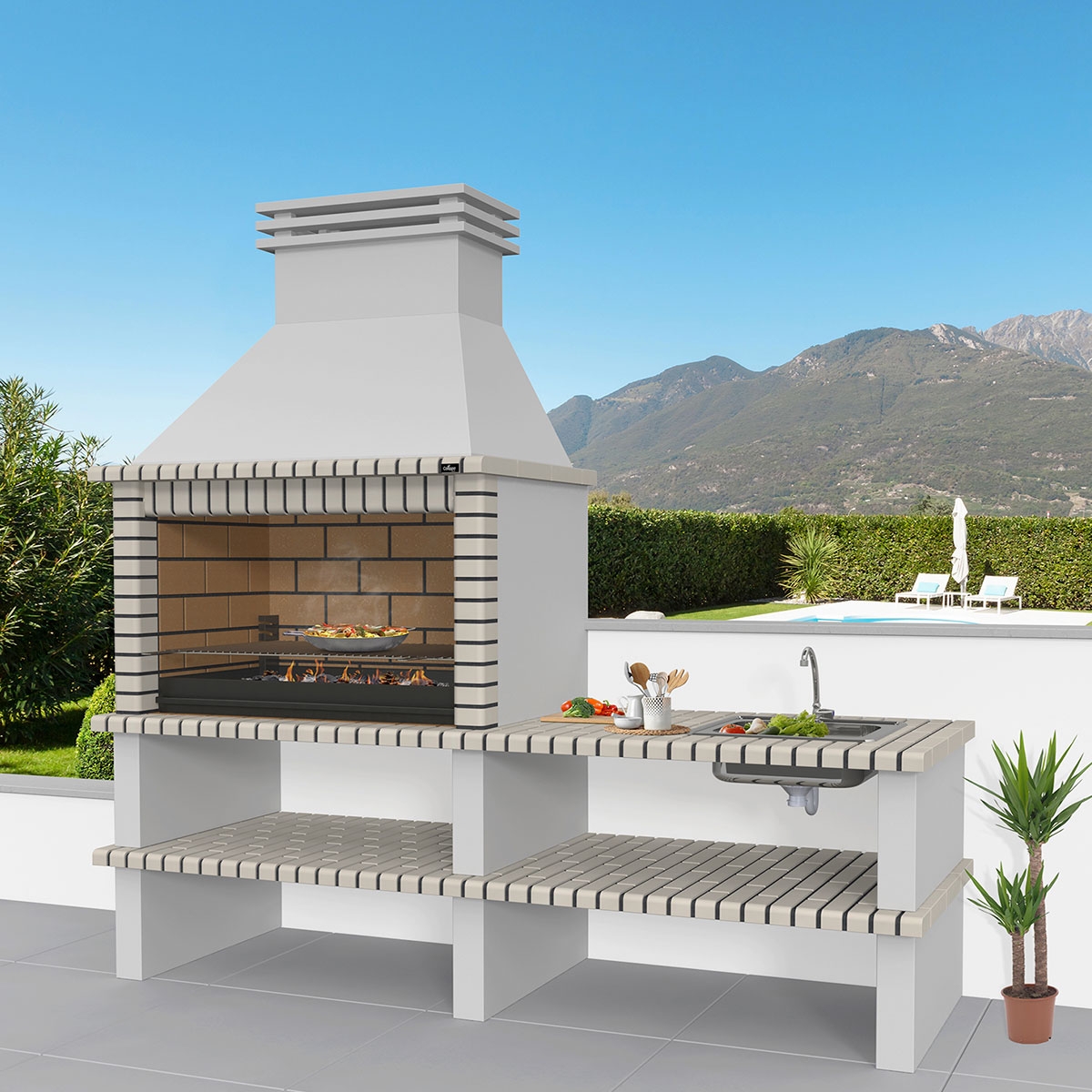 Ambiente con Barbacoa con Encimera, Fregadero y Grifo Nisa Blanco-Marrón