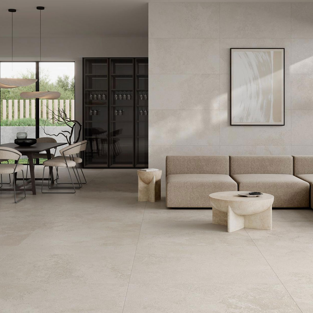 Interior con pavimento Pietra Di Rapolano Ivory Antideslizante 60x60