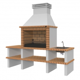 Grill mit 2 Arbeitsplatten, Waschbecken und Nisa gelb-braunem Wasserhahn