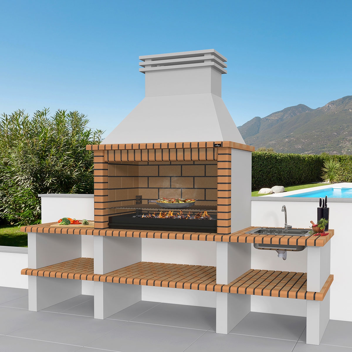 Umgebung mit Grill mit 2 Arbeitsplatten, Spüle und Nisa gelb-braunem Wasserhahn