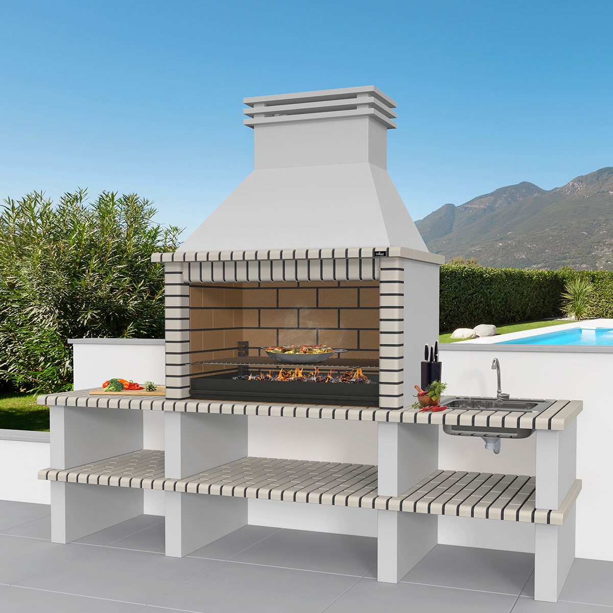 Room with Barbecue with 2 Benches, Sink and Nisa White-Brown Faucet