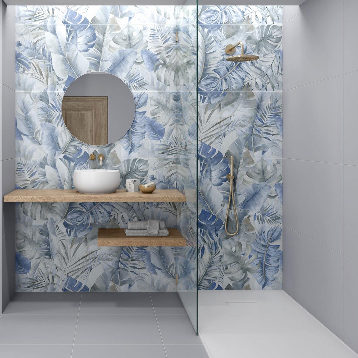 Interior con pavimento y revestimiento Essenza Perla 60x120