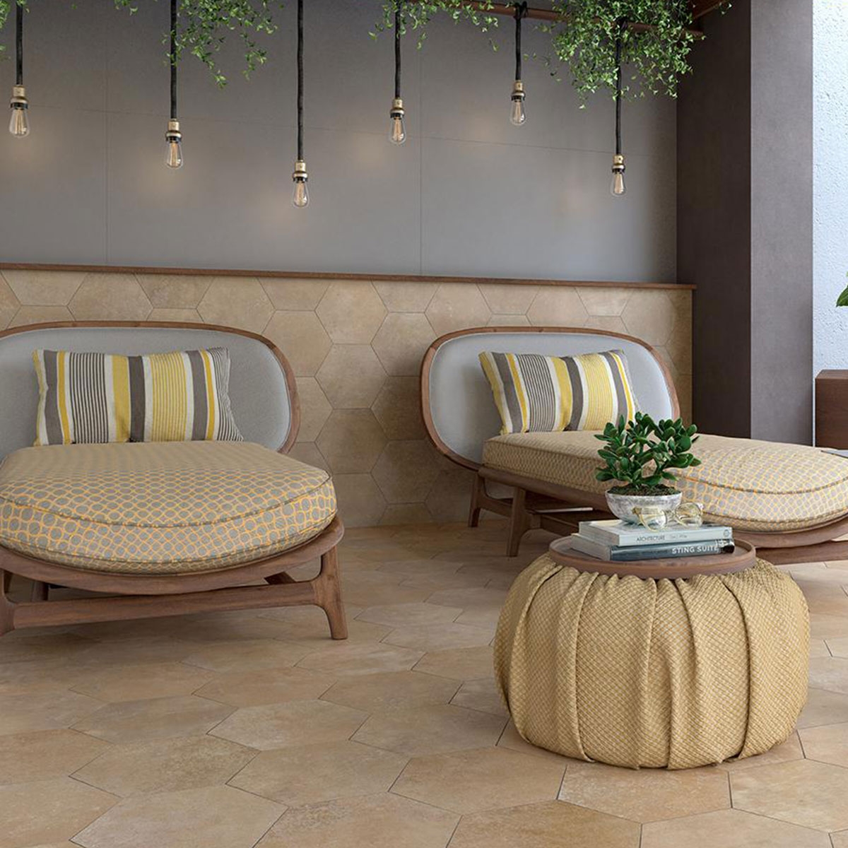 Interior con revestimiento Essenza Grigio 60x120