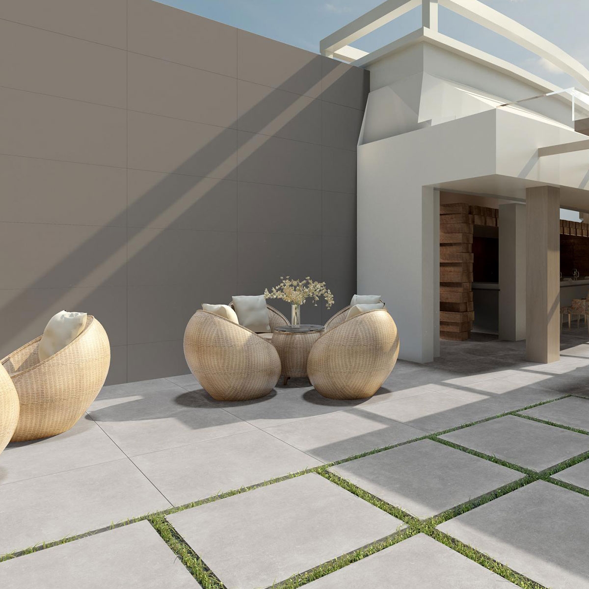 Exterior con revestimiento Essenza Tortora 60x120