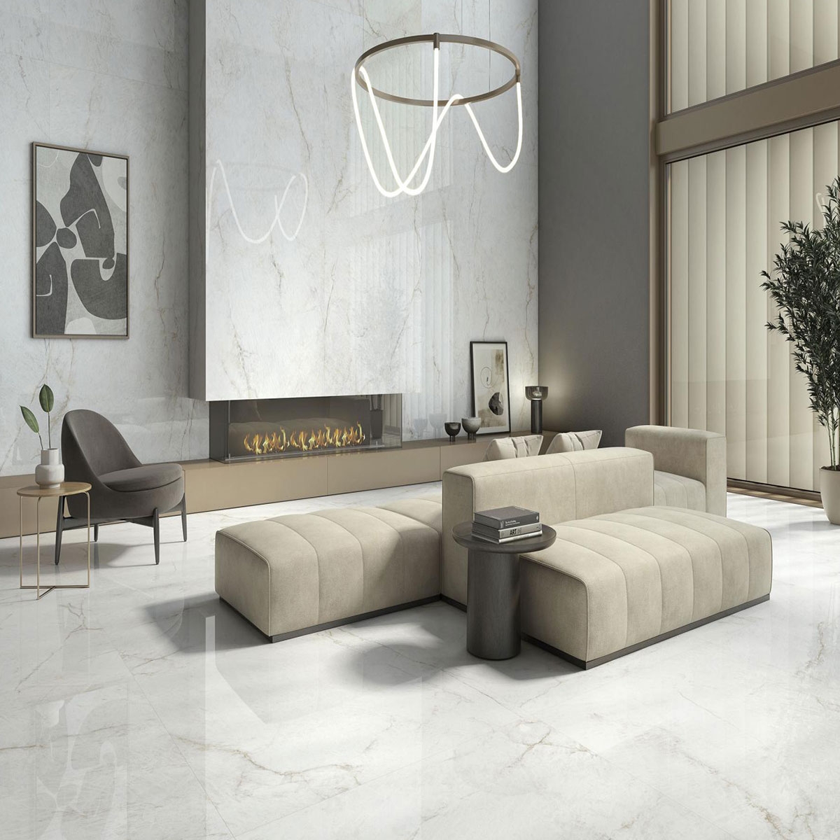 Sala con pavimento y revestimiento Crystal White Pulido 120x120