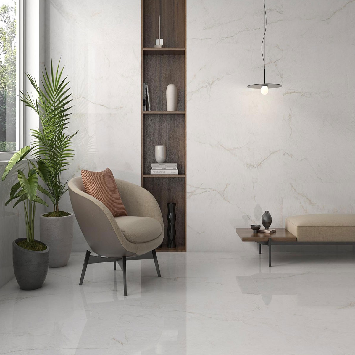 Living room with Crystal White Polished coating 60x120