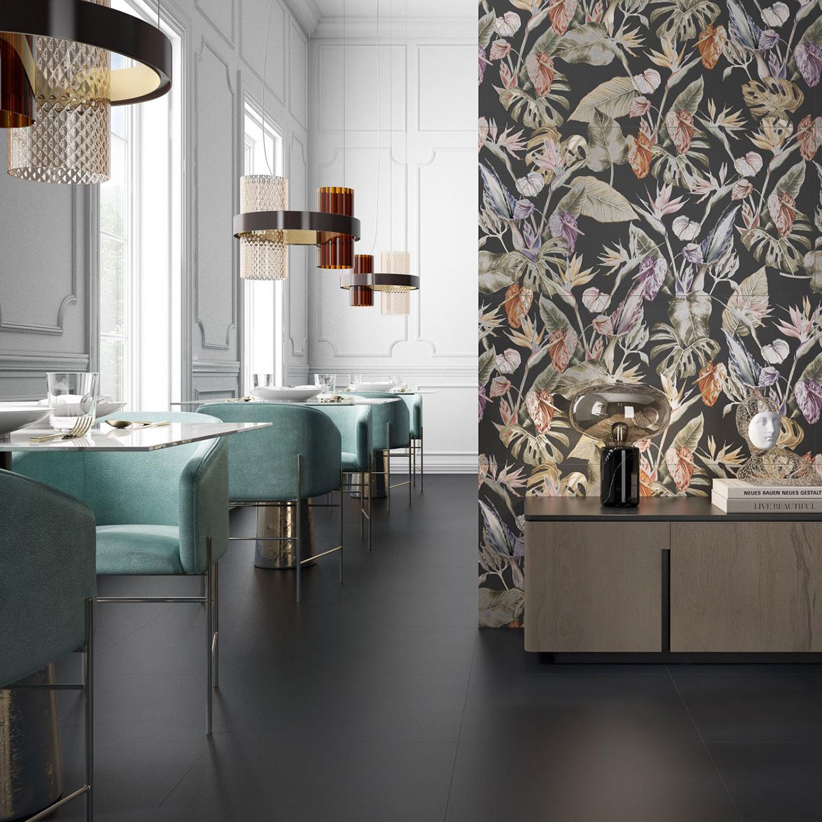 Interior con pavimento Essenza Nero 60x60