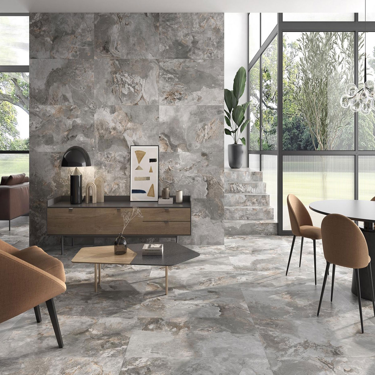 Interior con pavimento y revestimiento Slate Way Ash Mate 60x120 (Caja 1.44m2)