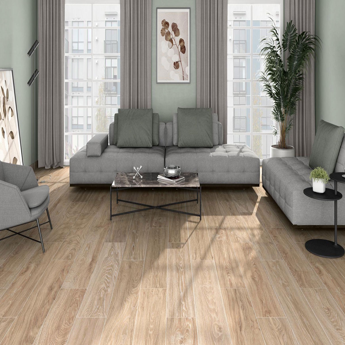 Sala con pavimento AT Acadian Roble 23x120