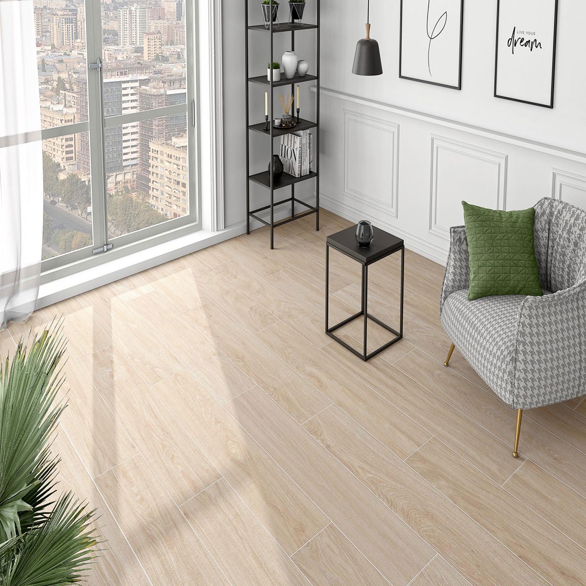 Living room with flooring AT Acadian Beech 23x120