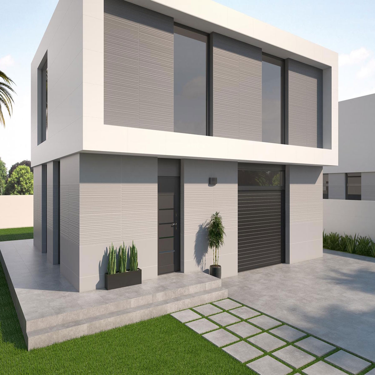 Exterior con revestimiento Essenza Relieve Perla 60x120