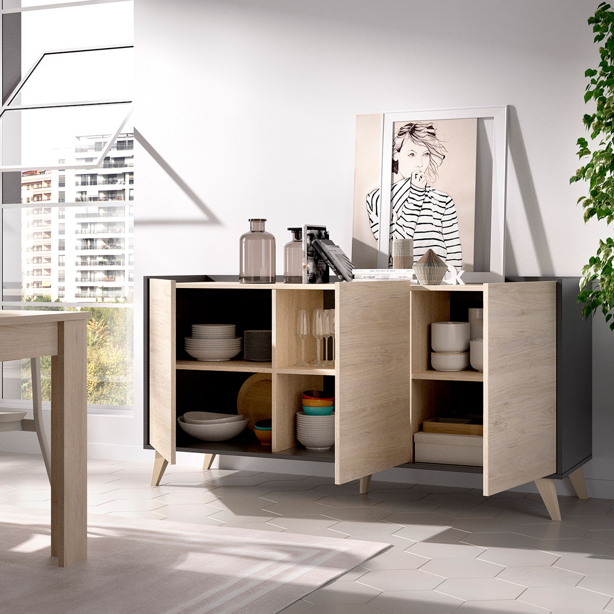 Zimmer mit 3 Door-Ness Graphite/Natur-Sideboard - 3