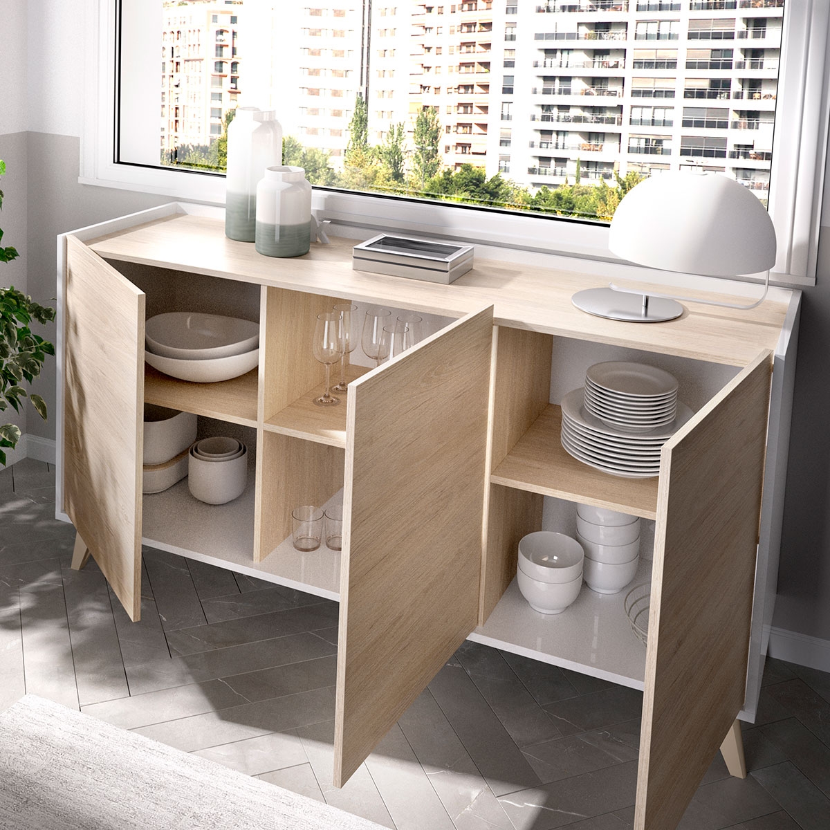 Environnement avec 3 Portes Ness Blanc/Enfilade Naturel