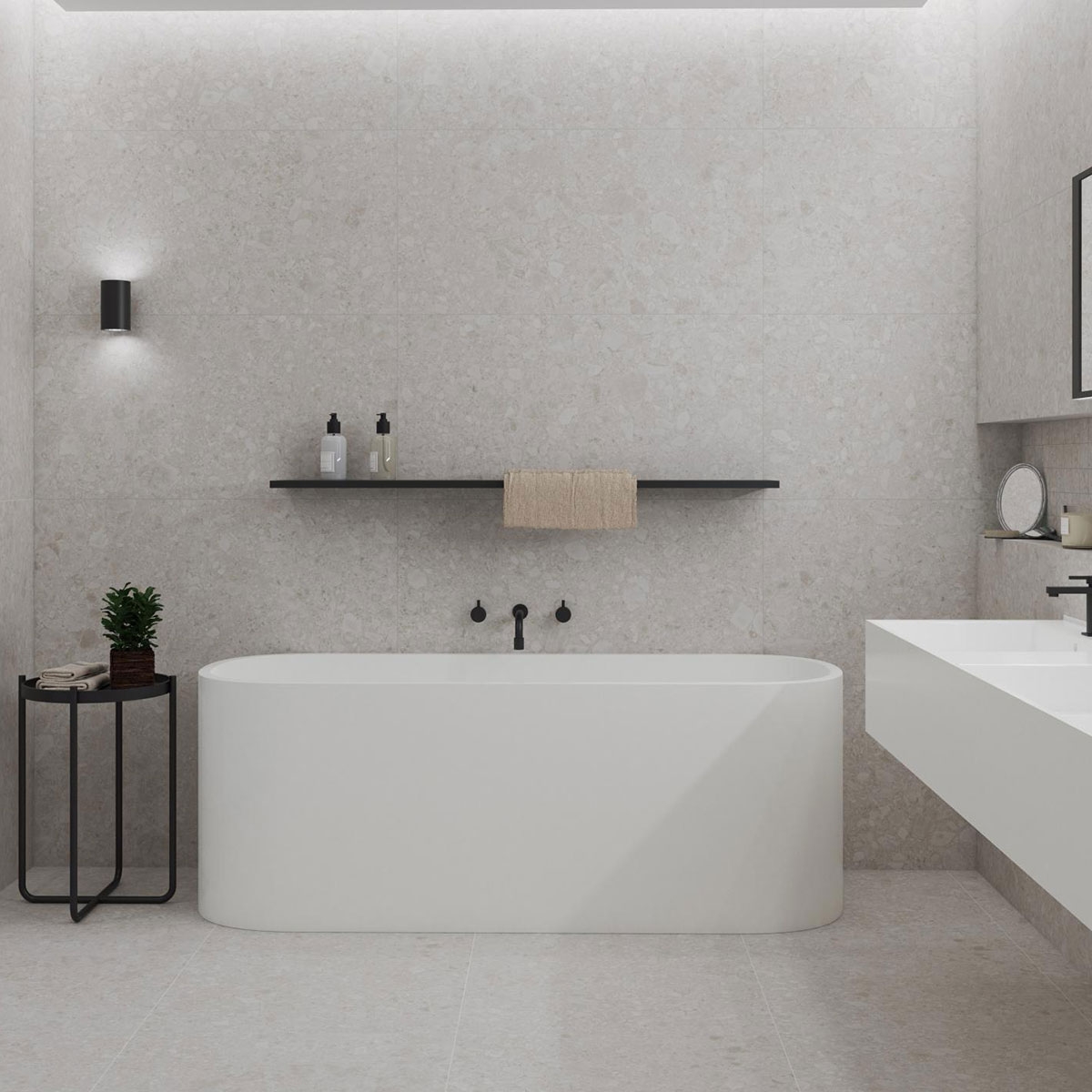 Salle de bain avec carrelage sol et mur CR Gransasso Bianco 60x120