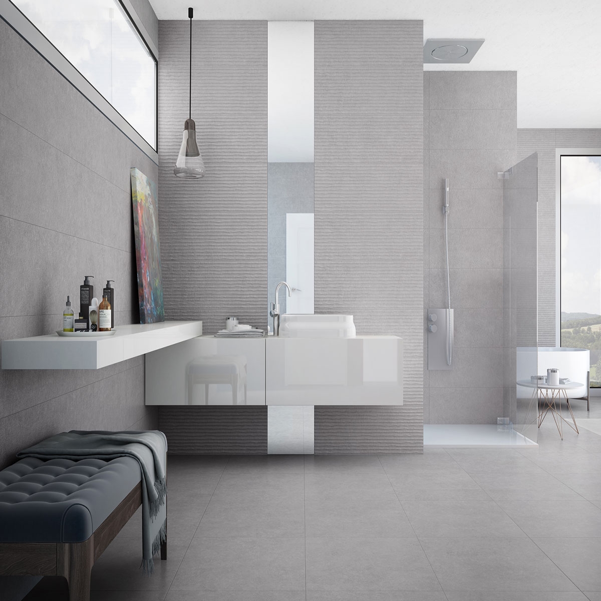 Salle de bain avec revêtement Light Stone Grey 30x90