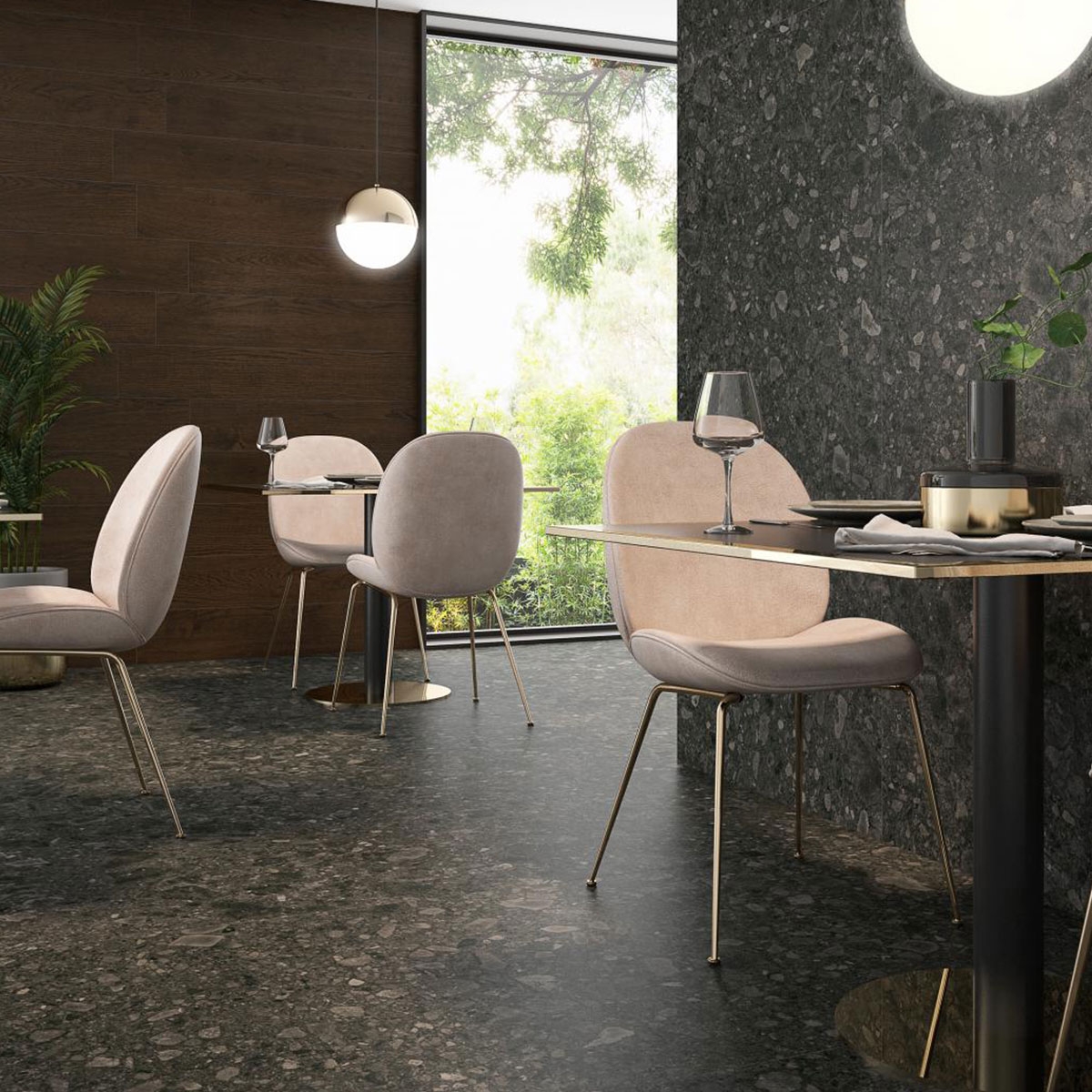 Interior con pavimento y revestimiento CR Gransasso Nero 60x120