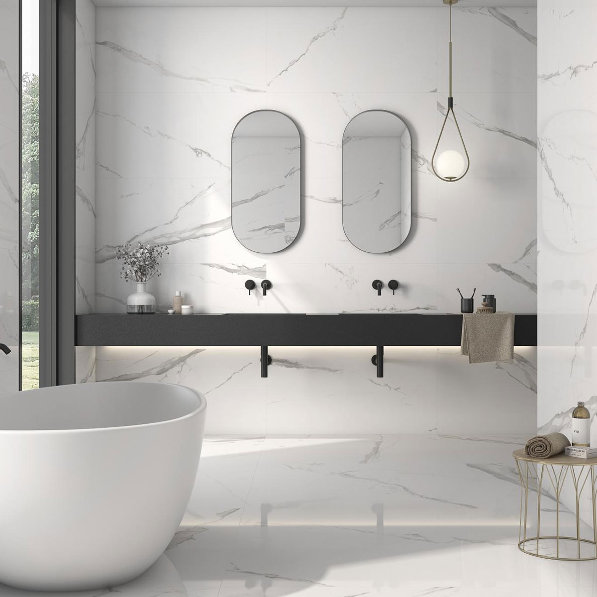 Interior com pavimento e revestimento CR Cellini Branco Polido 120x120