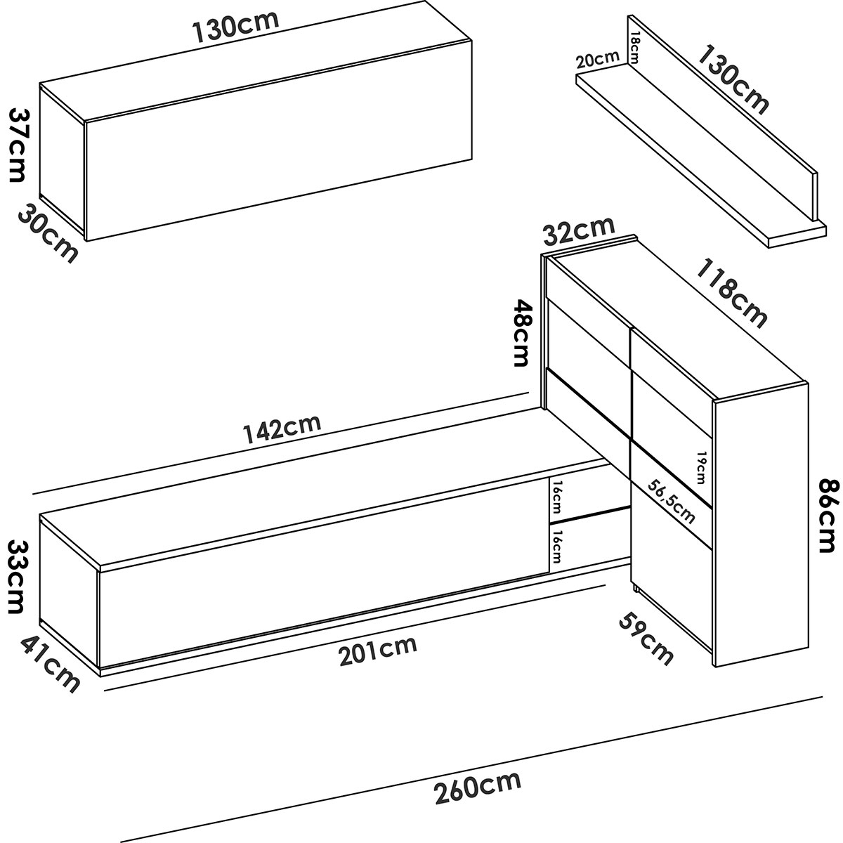 Wohnzimmer-Maße Fernseher mit Vitrine und LEDs Uma Weiß Glanz/Natürlich - 2