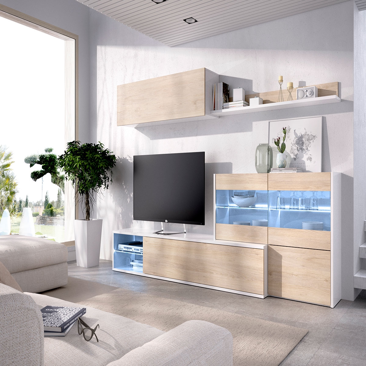 Umgebung mit Wohnzimmerfernseher mit Vitrine und LEDs Uma Weiß glänzend/natürlich - 2