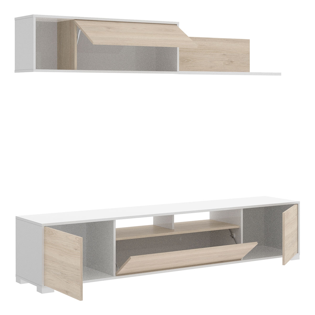 Salón Tv con Puertas y Estante a Pared Ken Blanco Brillo/Natural - 3