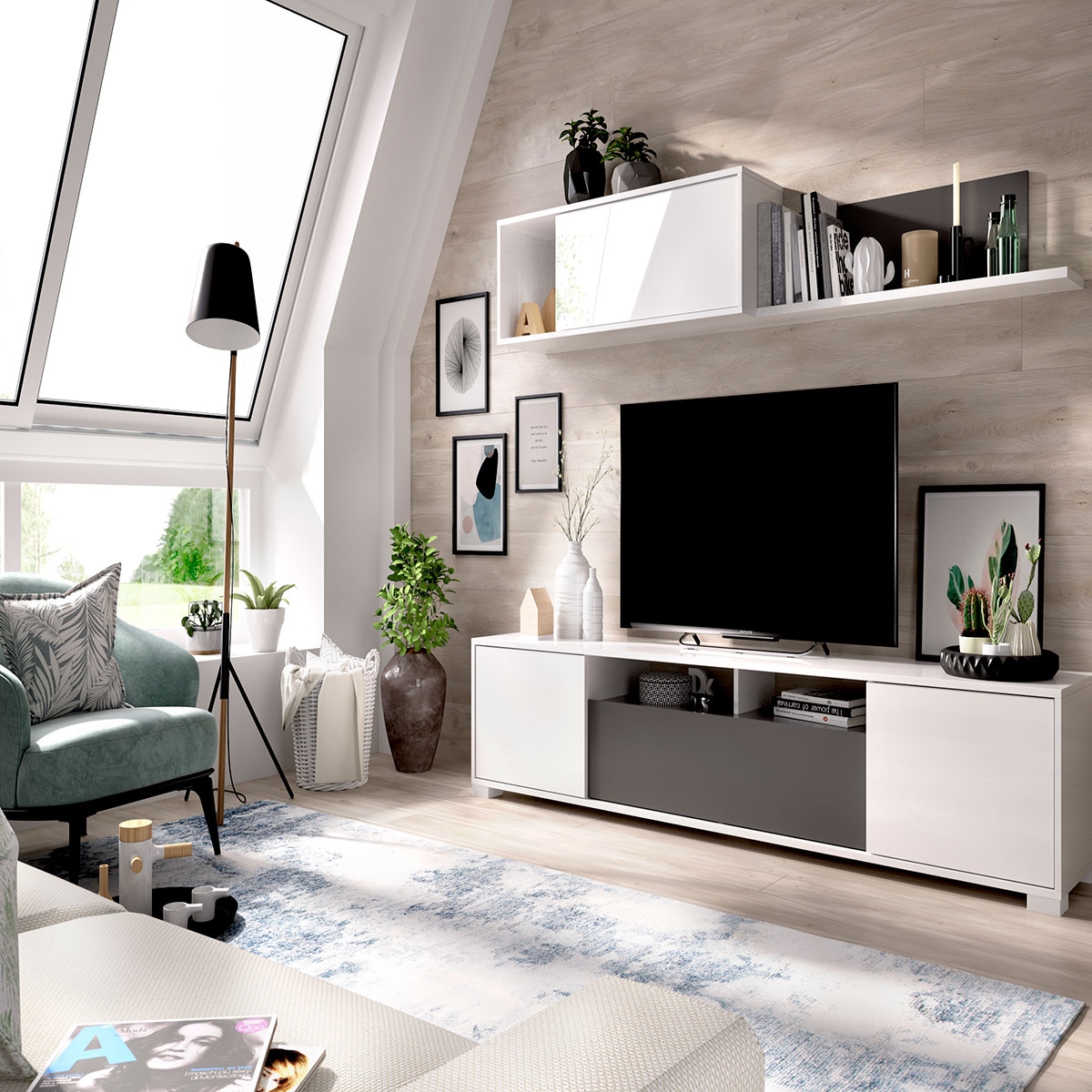 Zimmer mit Wohnzimmer-TV mit Türen und Wandregal Ken White Glanz/Graphit - 2