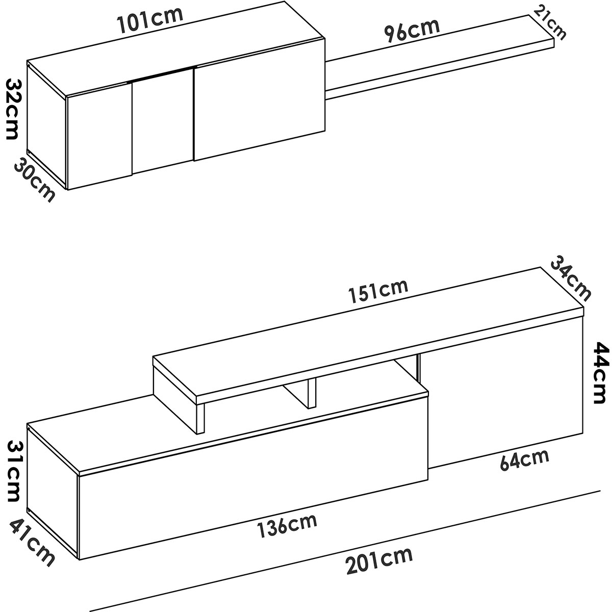 Medidas da Elle Compact Lounge TV Glossy/Natural White