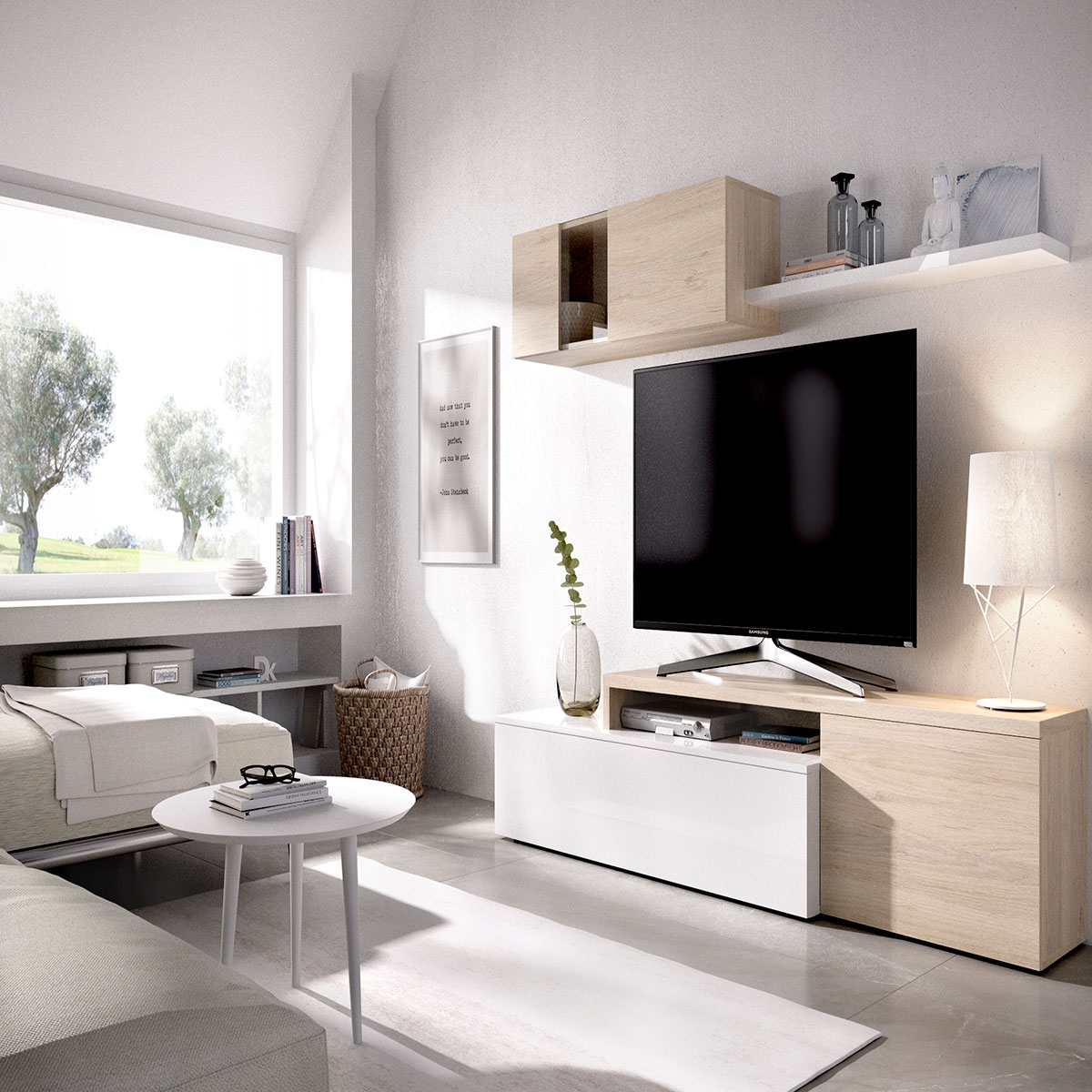 Ambiente con Salón Tv Compact Elle Glossy/Natural White