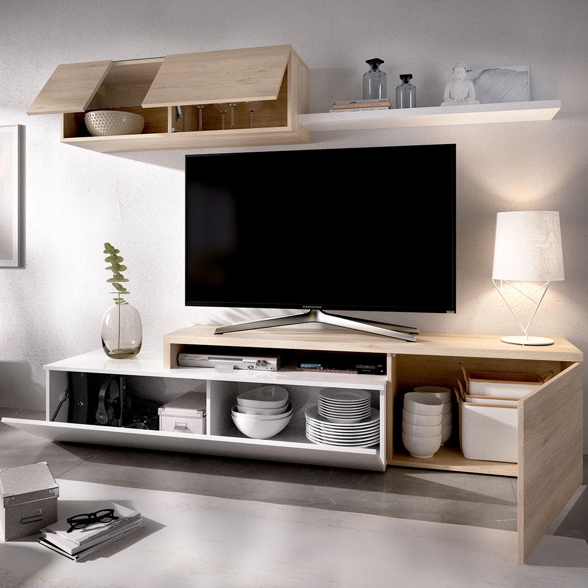 Ambiente con Salón Tv Compact Elle Glossy/Natural White - 2