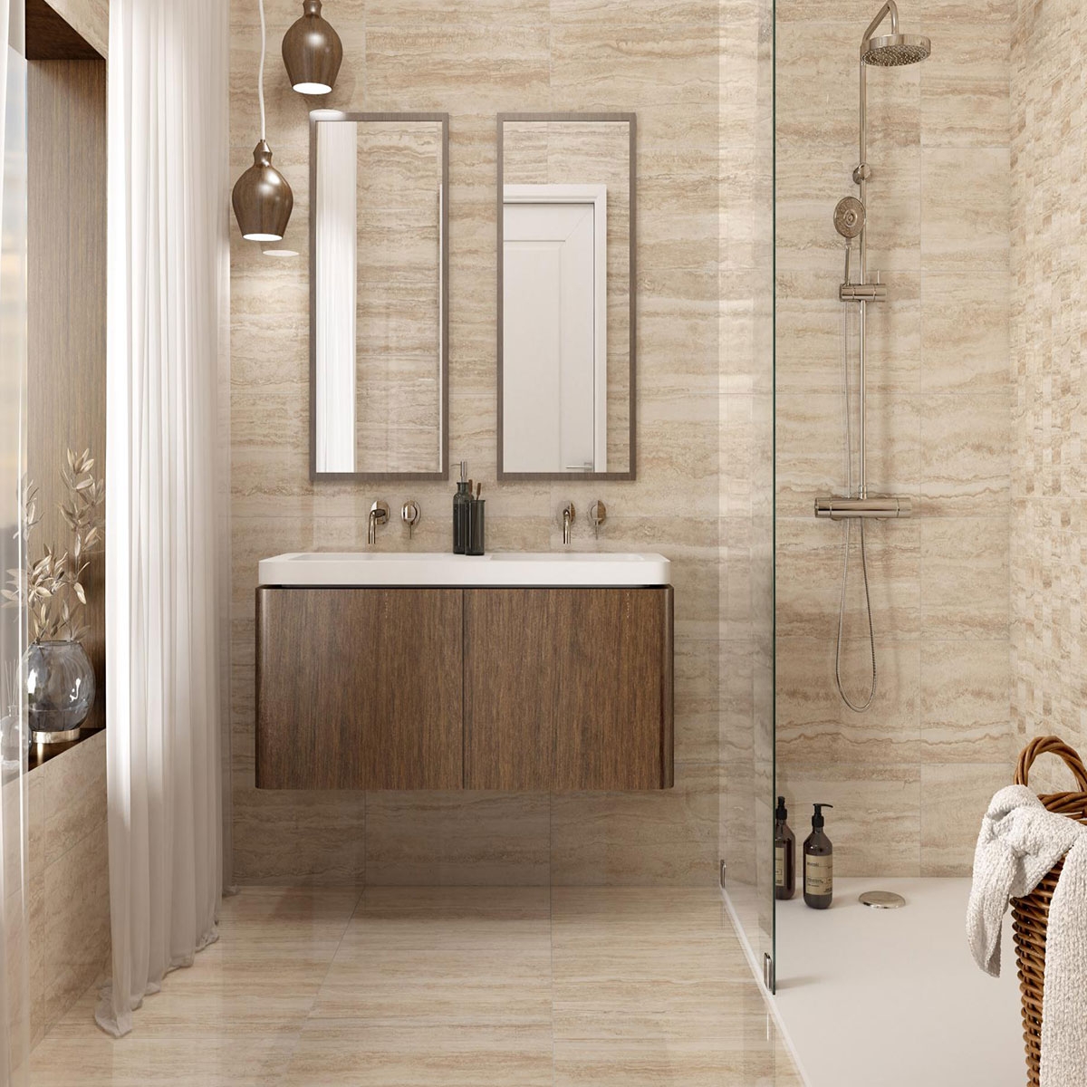 Bathroom with flooring and wall tiles Verona Sand 60x120