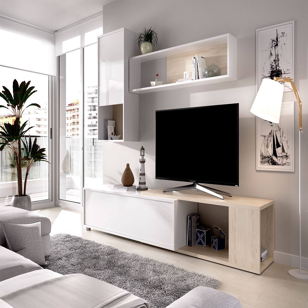 Quarto com Sala de Tv Flexível Obi Branco Gloss/Natural - 5