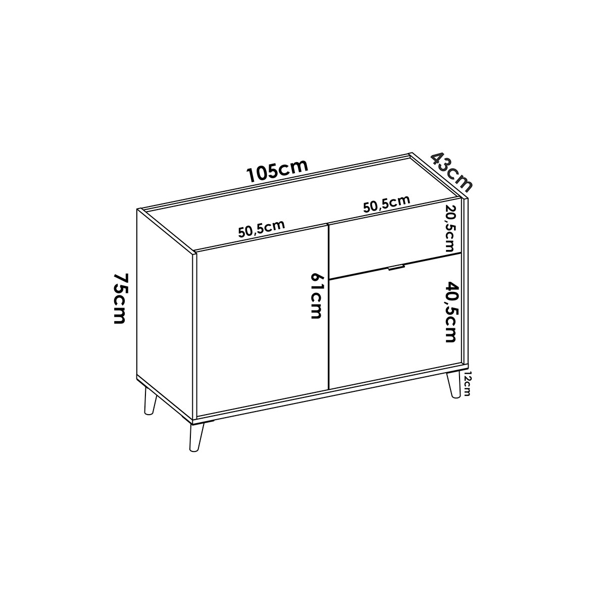 Dimensions du buffet Nova 2 portes et 1 tiroir Blanc/Gris/Naturel/Émeraude