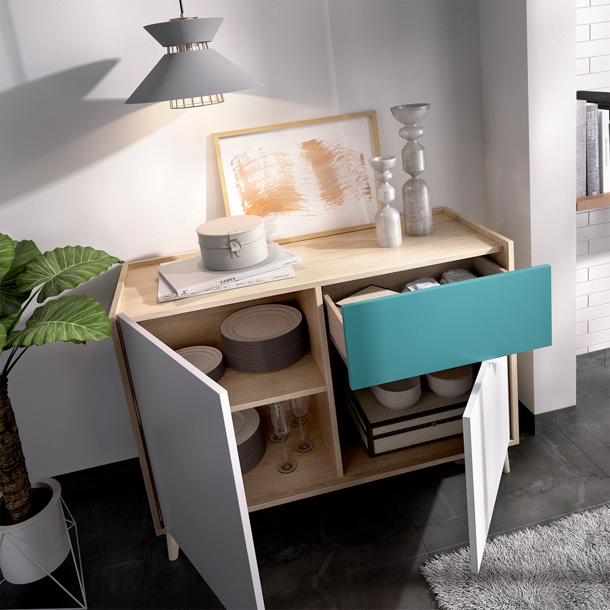 Nova Ambient com 2 Portas e 1 Aparador de Gaveta Branco/Cinzento/Natural/Esmeralda