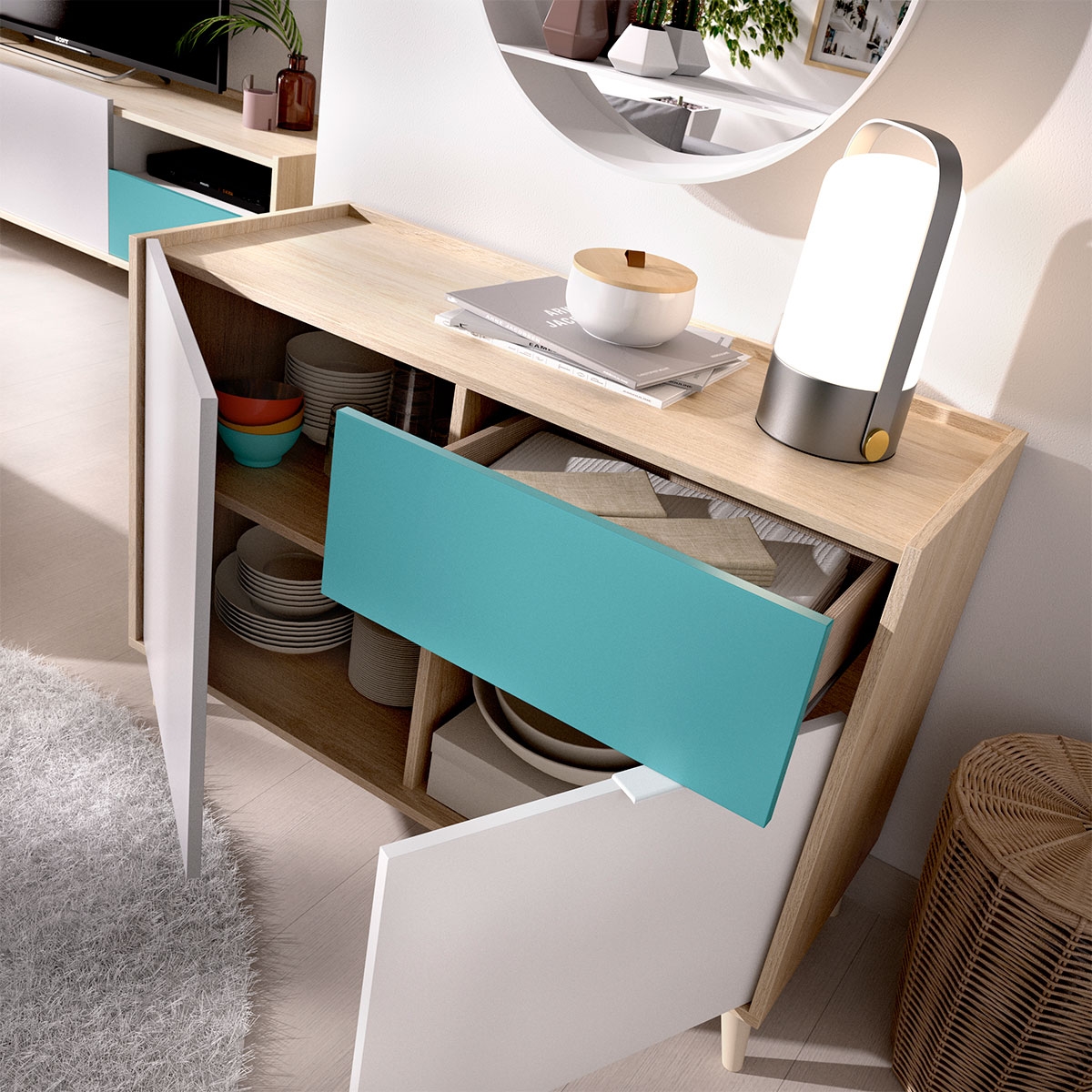 Ambiente mit Sideboard: 2 Türen und 1 Schublade: Nova Weiß/Grau/Natürlich/Smaragd - 3