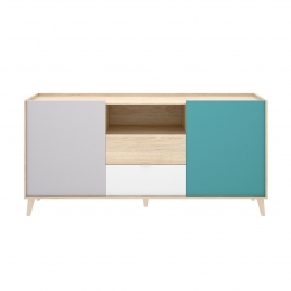 Sideboard: 2 Türen und 2 Schubladen: Nova Weiß/Grau/Natur/Smaragdgrün.