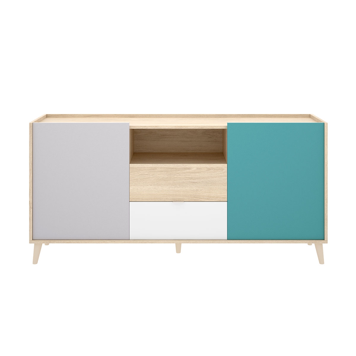 Sideboard: 2 Türen und 2 Schubladen: Nova Weiß/Grau/Natur/Smaragdgrün.