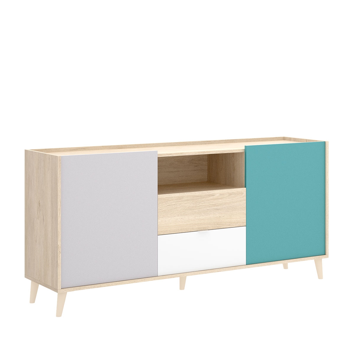 Sideboard: 2 Türen und 2 Schubladen: Nova Weiß/Grau/Natur/Smaragd - 2