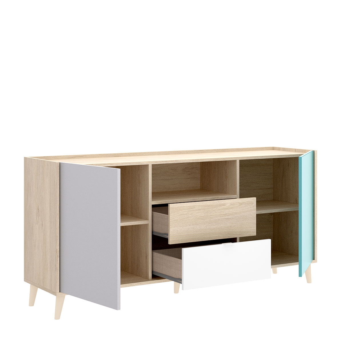 Nova Sideboard: 2 Türen und 2 Schubladen: Weiß/Grau/Natur/Smaragd – 3