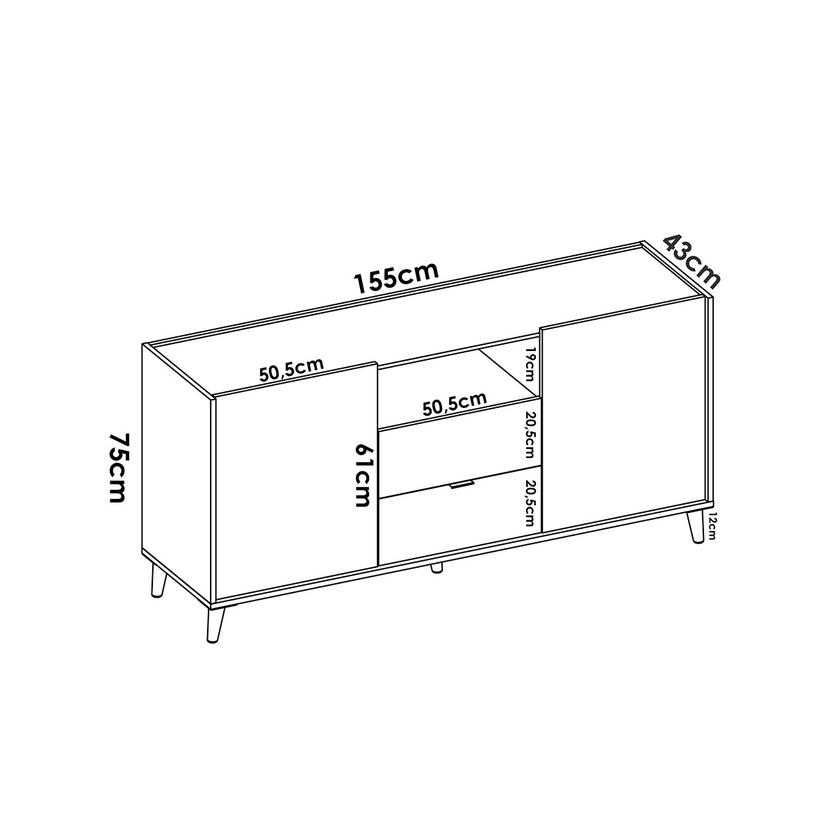 Maße von Sideboard: 2 Türen und 2 Schubladen: Nova Weiß/Grau/Natürlich/Smaragdgrün.