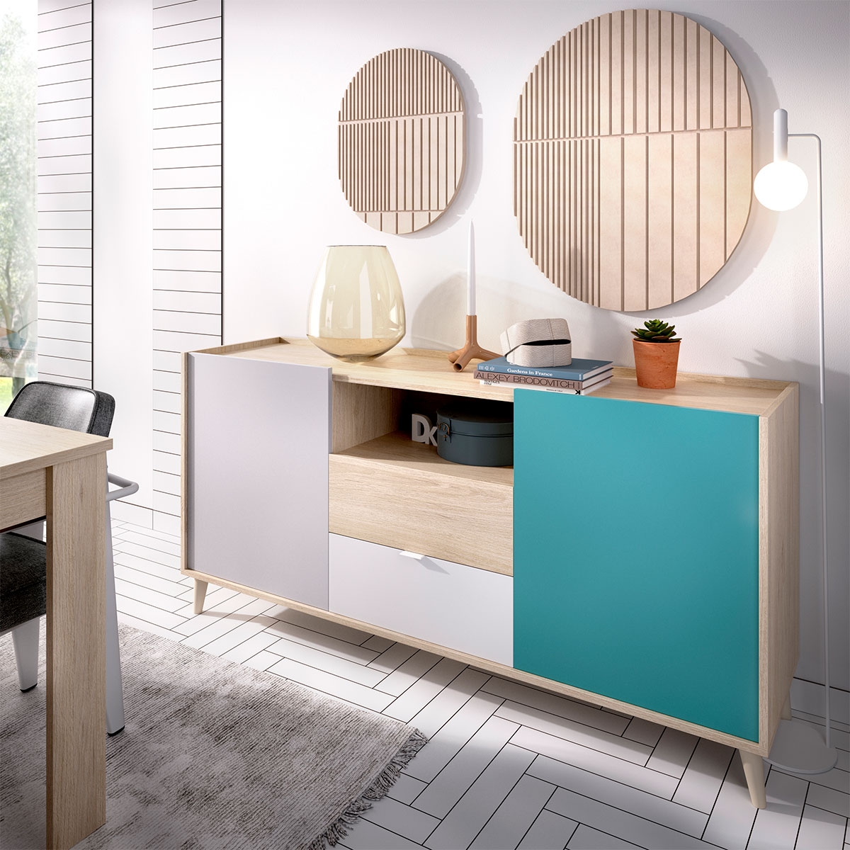 Ambiente mit Sideboard: 2 Türen und 2 Schubladen: Nova Weiß/Grau/Natur/Smaragd – 2