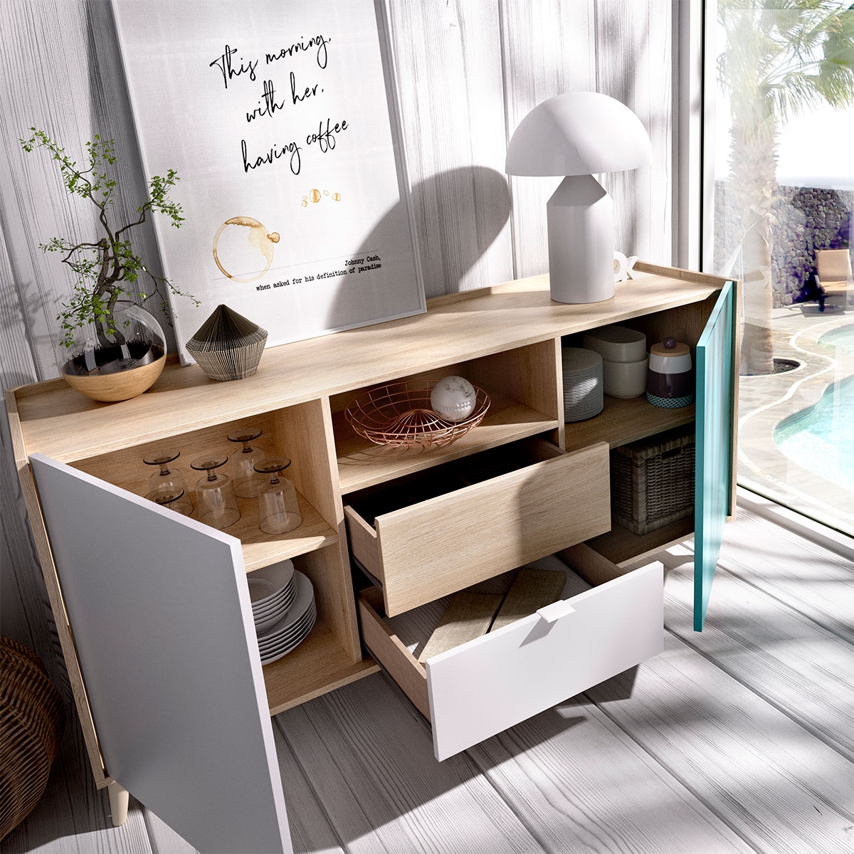 Ambiente mit Sideboard, 2 Türen und 2 Schubladen: Nova Weiß/Grau/Natur/Smaragd - 3