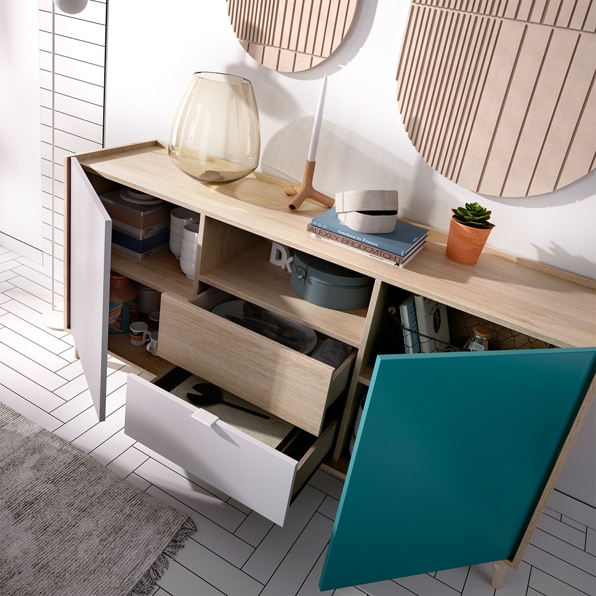 Ambiente mit Sideboard, 2 Türen und 2 Schubladen: Nova Weiß/Grau/Natürlich/Smaragd – 4