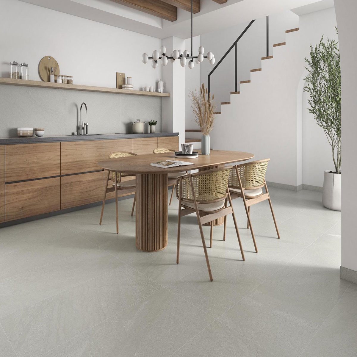 Interior con pavimento AT Burlingstone White 60x120